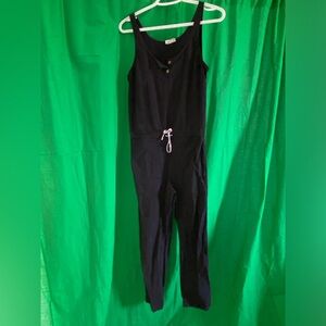 Black cotton romper with white string cinch waist